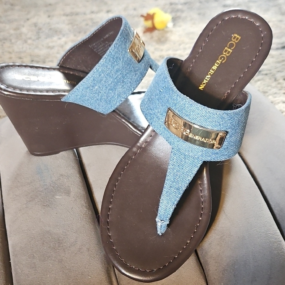BCBGeneration Blue and Brown Wedge Sandals with Denim Strap